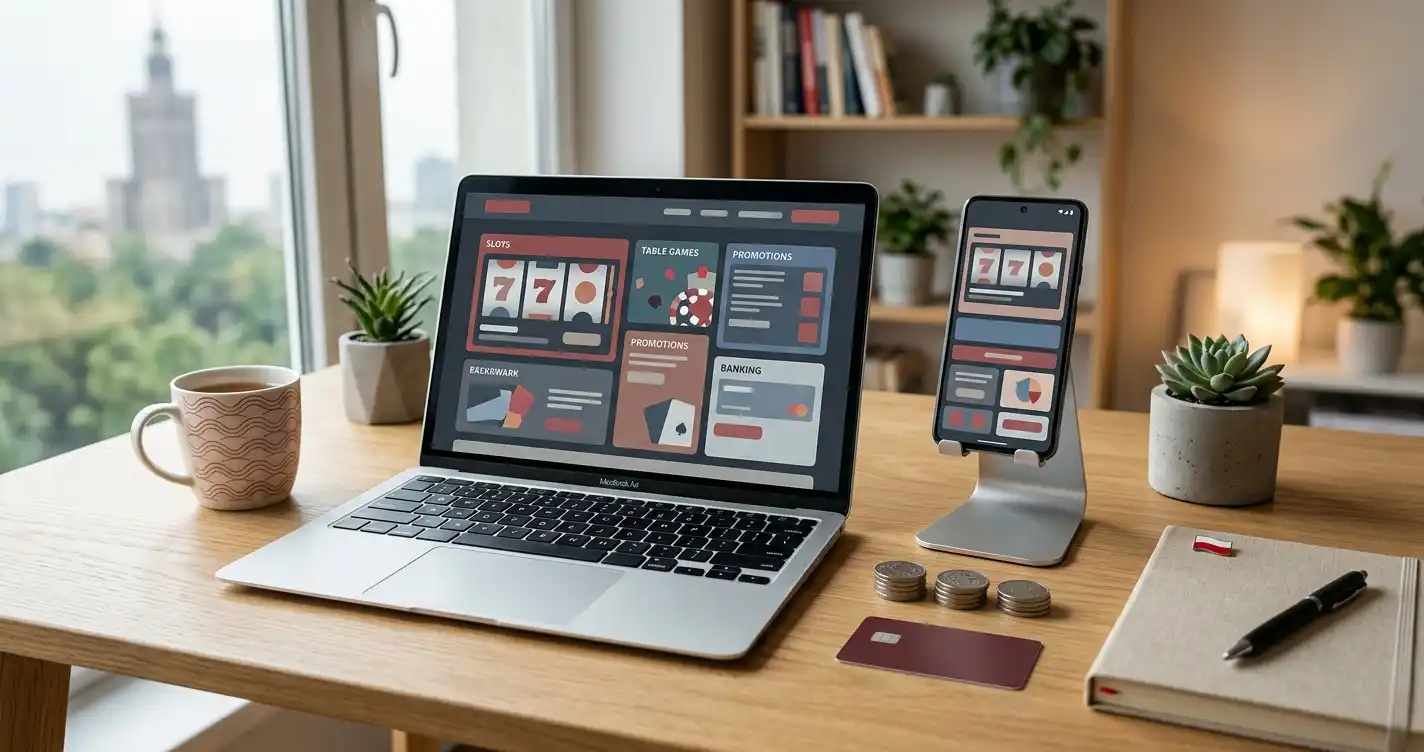 Ilustracja laptopa i telefonu z neutralnym panelem kasyna online w polskim kontekście