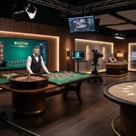Elegancki stół ruletki i blackjacka z kamerą studyjną, bez rozpoznawalnych osób i logo
