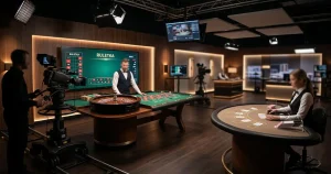 Elegancki stół ruletki i blackjacka z kamerą studyjną, bez rozpoznawalnych osób i logo