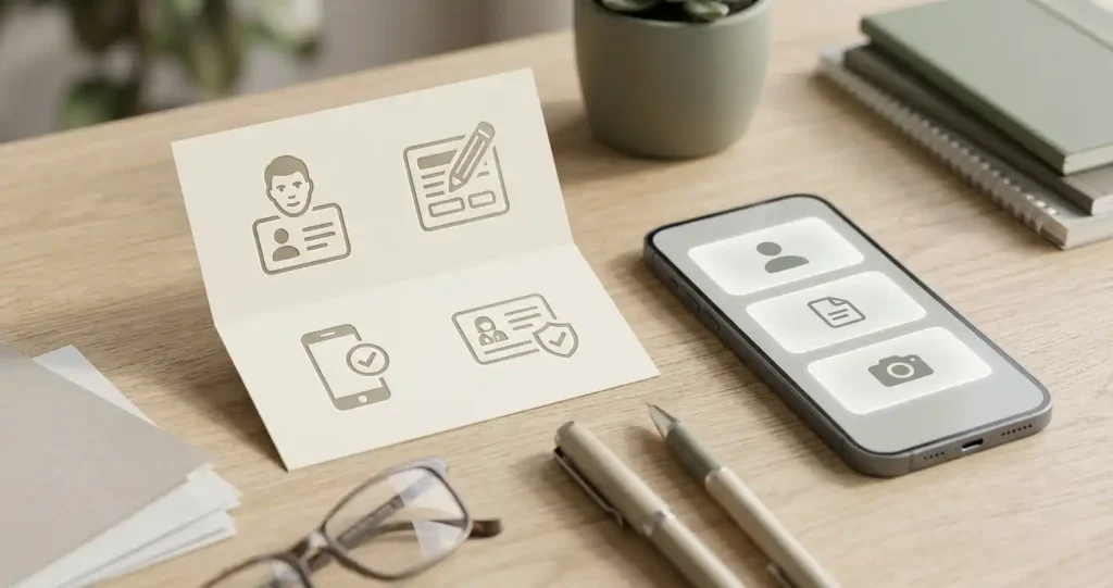 Ilustracja checklisty rejestracji z oznaczeniem 18+, telefonem i dokumentem KYC