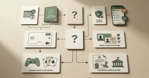 Ilustracja kart z pytaniami o bonus, BLIK, KYC, licencję i grę mobilną