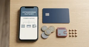 Ilustracja płatności online w Polsce z telefonem, kartą i symbolem PLN