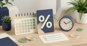 Ilustracja zasad bonusu z ikoną procentu, zegara i checklisty