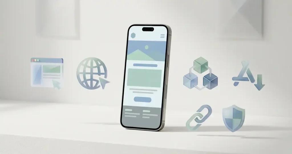 Neutralna ilustracja telefonu z ikonami przeglądarki, aplikacji i płatności mobilnych