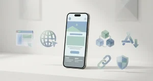 Neutralna ilustracja telefonu z ikonami przeglądarki, aplikacji i płatności mobilnych